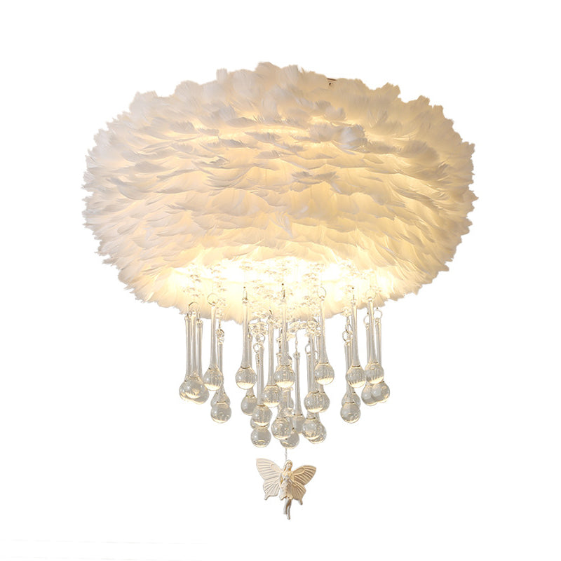 Modern Nordic Cloud Flush Light With Crystal Drop - White/Pink/Black Feather 2/3/4 Lights Bedroom