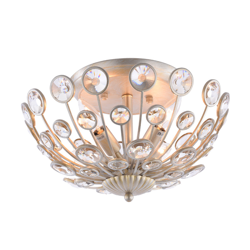 Modern Metal and Crystal Peacock Flush Light Fixture - 3 Lights, Champagne Ceiling Mounted Design