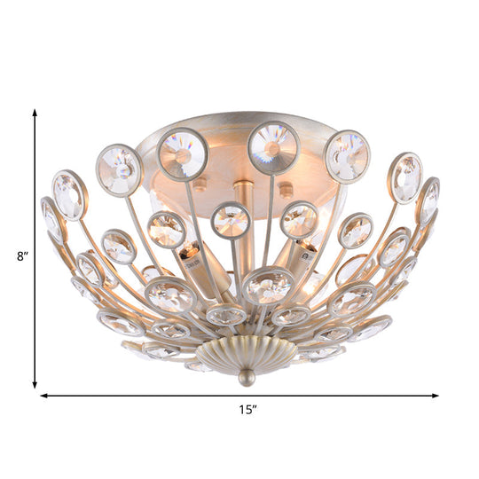 Modern Metal and Crystal Peacock Flush Light Fixture - 3 Lights, Champagne Ceiling Mounted Design