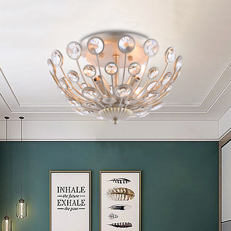 Modern Metal and Crystal Peacock Flush Light Fixture - 3 Lights, Champagne Ceiling Mounted Design