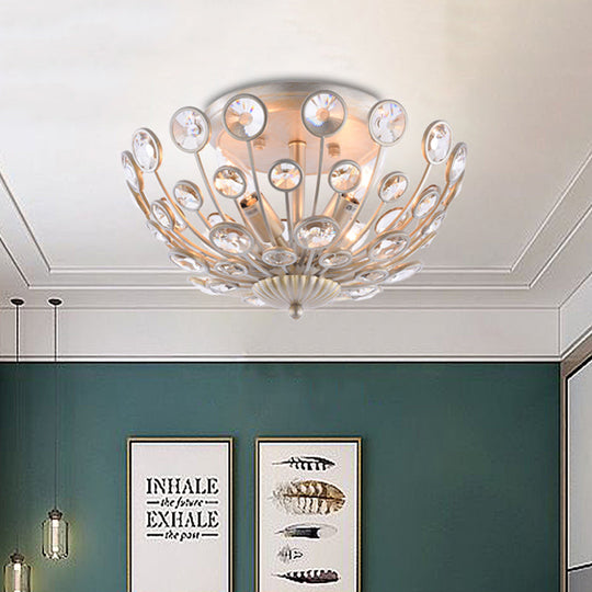 Modern Metal and Crystal Peacock Flush Light Fixture - 3 Lights, Champagne Ceiling Mounted Design