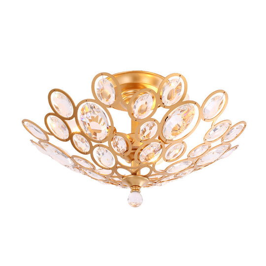 Modern Gold Ceiling Light with Dome Metal and Crystal Shade - 3-Light Bedroom Flush Fixture