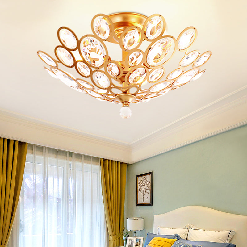 Modern Gold Ceiling Light with Dome Metal and Crystal Shade - 3-Light Bedroom Flush Fixture