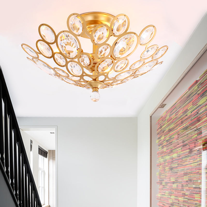 Modern Gold Ceiling Light with Dome Metal and Crystal Shade - 3-Light Bedroom Flush Fixture