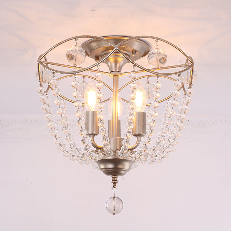 Modern Crystal Strand Semi Flush Mount Light with 3 Silver Ceiling Lights