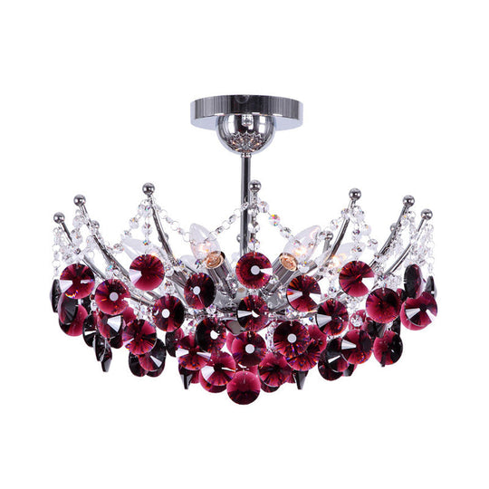 Modern Crystal Dome Semi Flush Light Fixture, 5 Lights in Burgundy/Smoke Gray/Amber, 16" & 19.5" Wide Ceiling Light