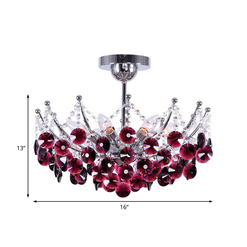 Modern Crystal Dome Semi Flush Light Fixture, 5 Lights in Burgundy/Smoke Gray/Amber, 16" & 19.5" Wide Ceiling Light