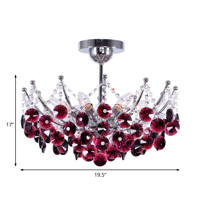 Modern Crystal Dome Semi Flush Light Fixture, 5 Lights in Burgundy/Smoke Gray/Amber, 16" & 19.5" Wide Ceiling Light