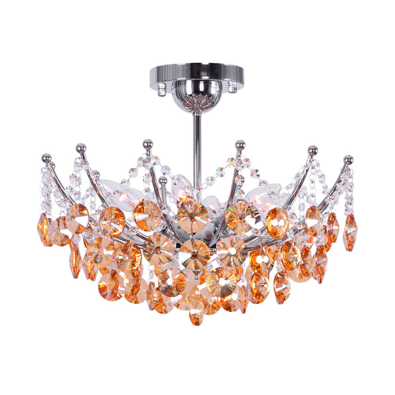 Modern Crystal Dome Semi Flush Light Fixture, 5 Lights in Burgundy/Smoke Gray/Amber, 16" & 19.5" Wide Ceiling Light