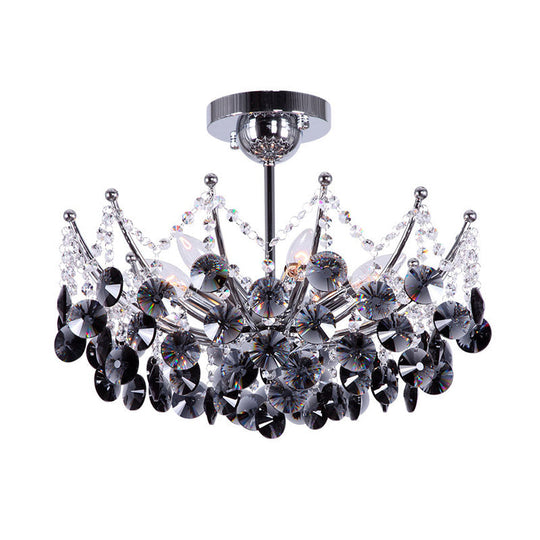 Modern Crystal Dome Semi Flush Light Fixture, 5 Lights in Burgundy/Smoke Gray/Amber, 16" & 19.5" Wide Ceiling Light