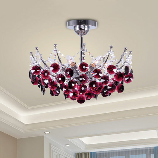 Modern Crystal Dome Semi Flush Light Fixture, 5 Lights in Burgundy/Smoke Gray/Amber, 16" & 19.5" Wide Ceiling Light