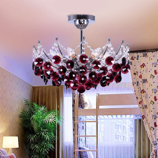 Modern Crystal Dome Semi Flush Light Fixture, 5 Lights in Burgundy/Smoke Gray/Amber, 16" & 19.5" Wide Ceiling Light