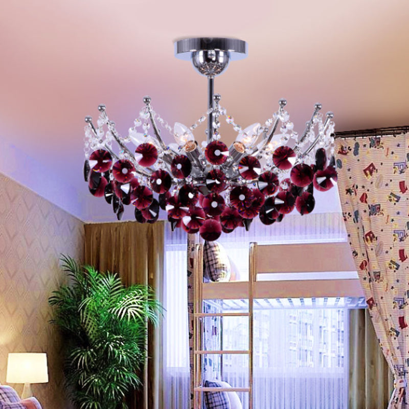 Modern Crystal Dome Semi Flush Light Fixture 5 Lights In Burgundy/Smoke Gray/Amber 16 & 19.5 Wide