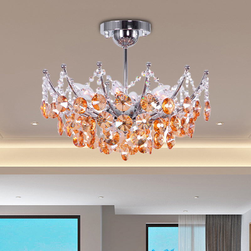 Modern Crystal Dome Semi Flush Light Fixture, 5 Lights in Burgundy/Smoke Gray/Amber, 16" & 19.5" Wide Ceiling Light