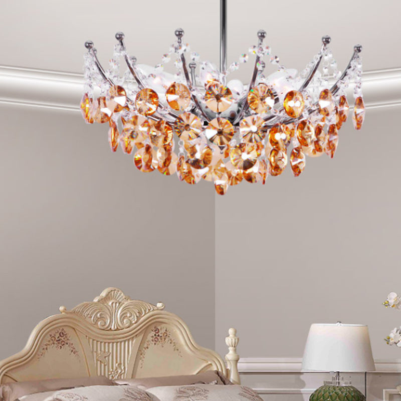 Modern Crystal Dome Semi Flush Light Fixture, 5 Lights in Burgundy/Smoke Gray/Amber, 16" & 19.5" Wide Ceiling Light