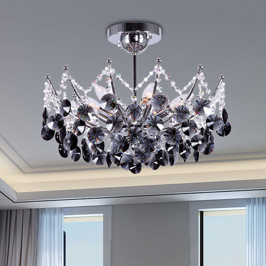 Modern Crystal Dome Semi Flush Light Fixture, 5 Lights in Burgundy/Smoke Gray/Amber, 16" & 19.5" Wide Ceiling Light