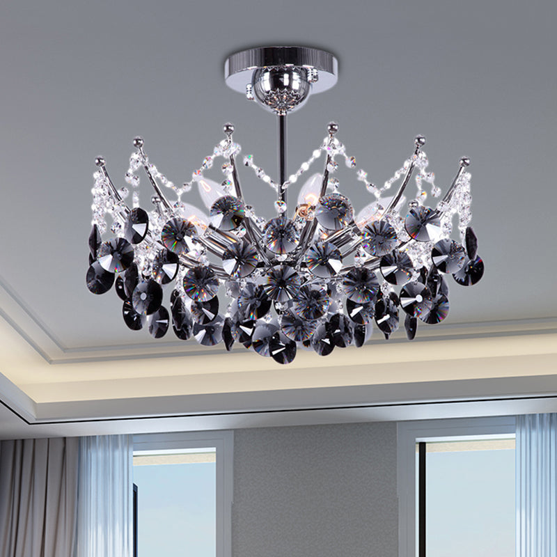 Modern Crystal Dome Semi Flush Light Fixture 5 Lights In Burgundy/Smoke Gray/Amber 16 & 19.5 Wide