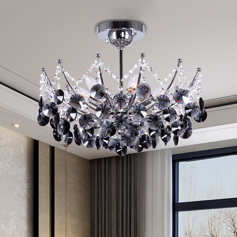 Modern Crystal Dome Semi Flush Light Fixture, 5 Lights in Burgundy/Smoke Gray/Amber, 16" & 19.5" Wide Ceiling Light