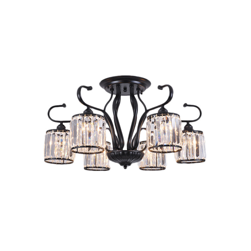 Rustic Crystal Block Cylinder Semi Flush Mount Light - 3/6 Lights, Black Ceiling Light for Dining Room