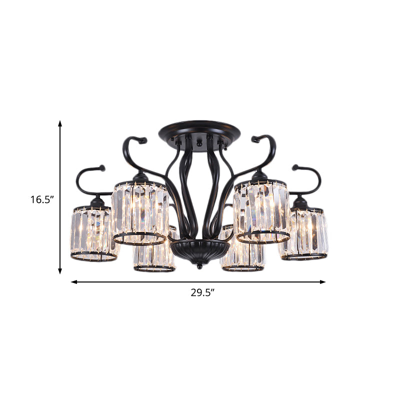 Rustic Crystal Block Cylinder Semi Flush Mount Light - 3/6 Lights, Black Ceiling Light for Dining Room