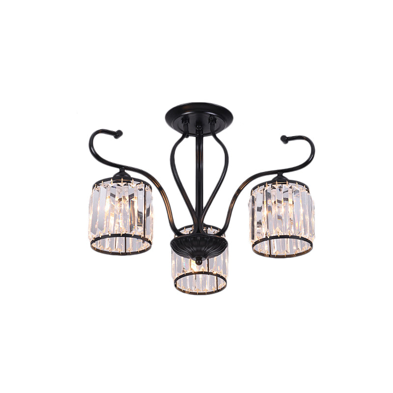 Rustic Crystal Block Cylinder Semi Flush Mount Light - 3/6 Lights, Black Ceiling Light for Dining Room