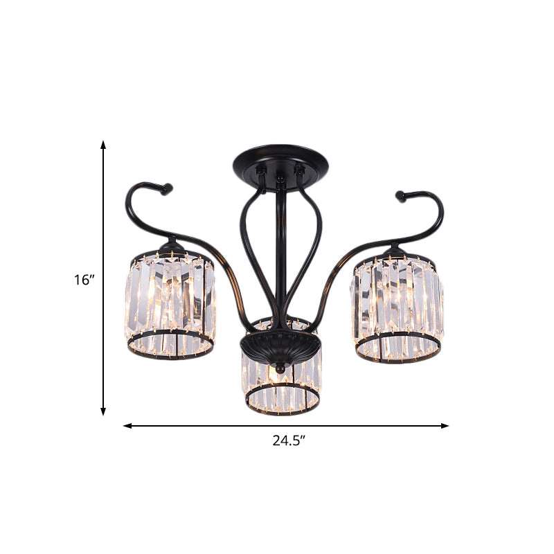 Rustic Crystal Block Cylinder Semi Flush Mount Light - 3/6 Lights, Black Ceiling Light for Dining Room