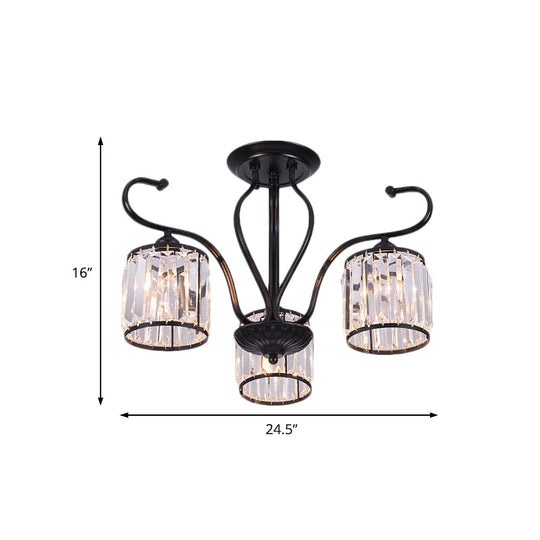 Rustic Crystal Block Cylinder Semi Flush Mount Light - 3/6 Lights, Black Ceiling Light for Dining Room