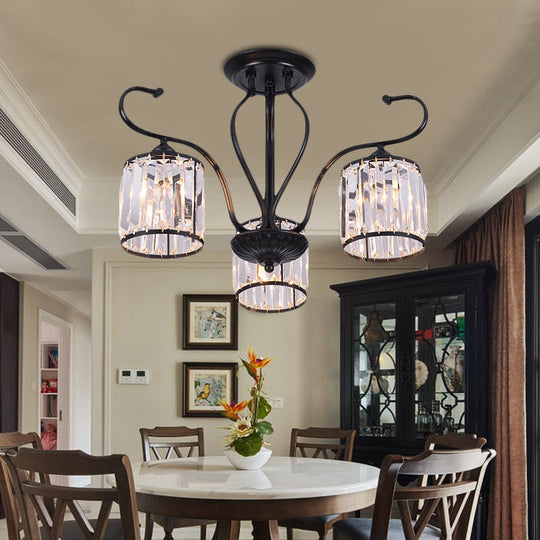 Rustic Crystal Block Cylinder Semi Flush Mount Light - 3/6 Lights, Black Ceiling Light for Dining Room