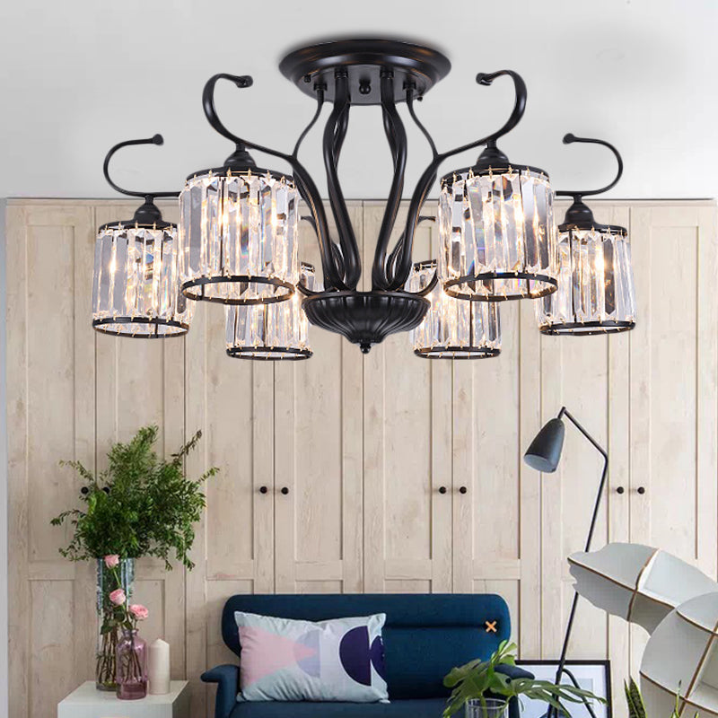 Rustic Crystal Block Cylinder Semi Flush Mount Light - 3/6 Lights, Black Ceiling Light for Dining Room