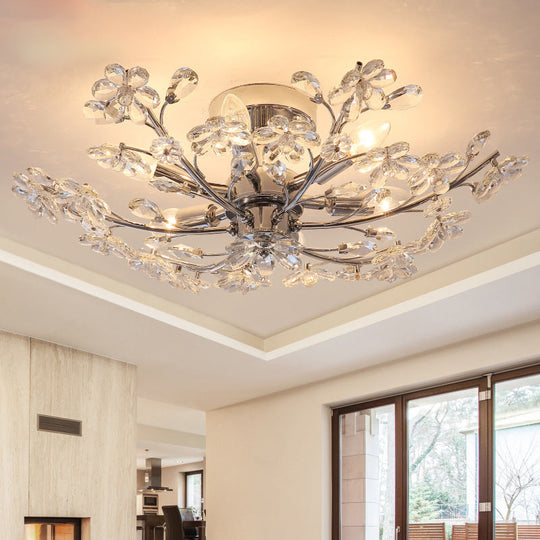 Postmodern Crystal Flower Ceiling Light - 6 Lights, Chrome Finish, Semi Flush, 23"/27.5" Wide