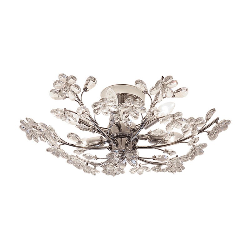 Postmodern Crystal Flower Ceiling Light - 6 Lights, Chrome Finish, Semi Flush, 23"/27.5" Wide