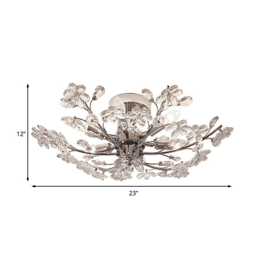 Postmodern Crystal Flower Ceiling Light - 6 Lights, Chrome Finish, Semi Flush, 23"/27.5" Wide