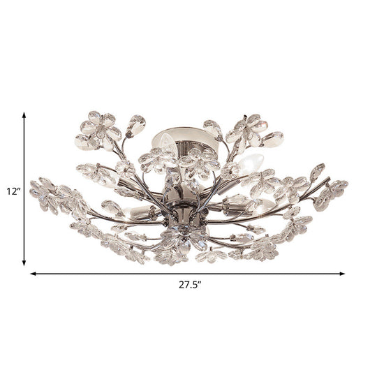 Postmodern Crystal Flower Ceiling Light - 6 Lights, Chrome Finish, Semi Flush, 23"/27.5" Wide