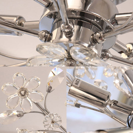 Postmodern Crystal Flower Ceiling Light - 6 Lights, Chrome Finish, Semi Flush, 23"/27.5" Wide