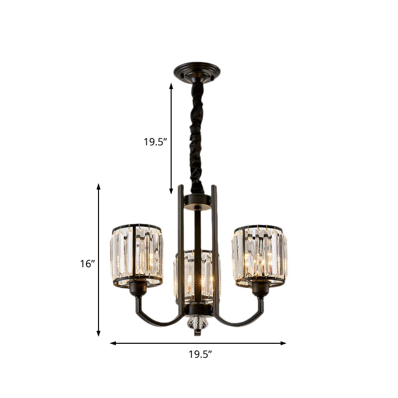 Rustic Cylinder Crystal Block Ceiling Light Fixture - Elegant Black Chandelier For Living Room 3/6/8