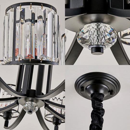 Rustic Cylinder Crystal Block Ceiling Light Fixture - Elegant Black Chandelier For Living Room 3/6/8