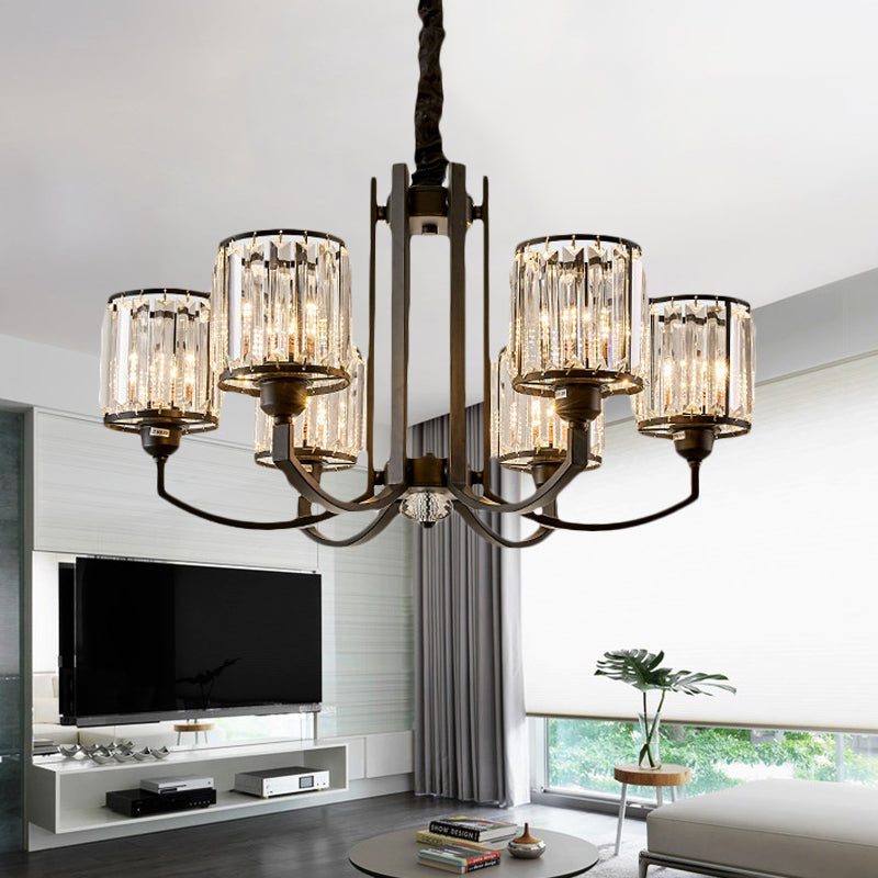 Rustic Cylinder Crystal Block Ceiling Light Fixture - Elegant Black Chandelier For Living Room 3/6/8