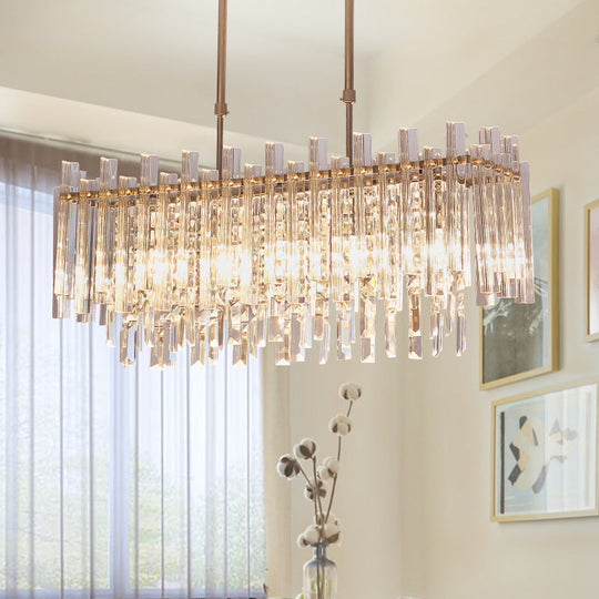 Modern Crystal Block 5-Light Chrome Chandelier - Rectangular Hanging Light Fixture For Dining Room