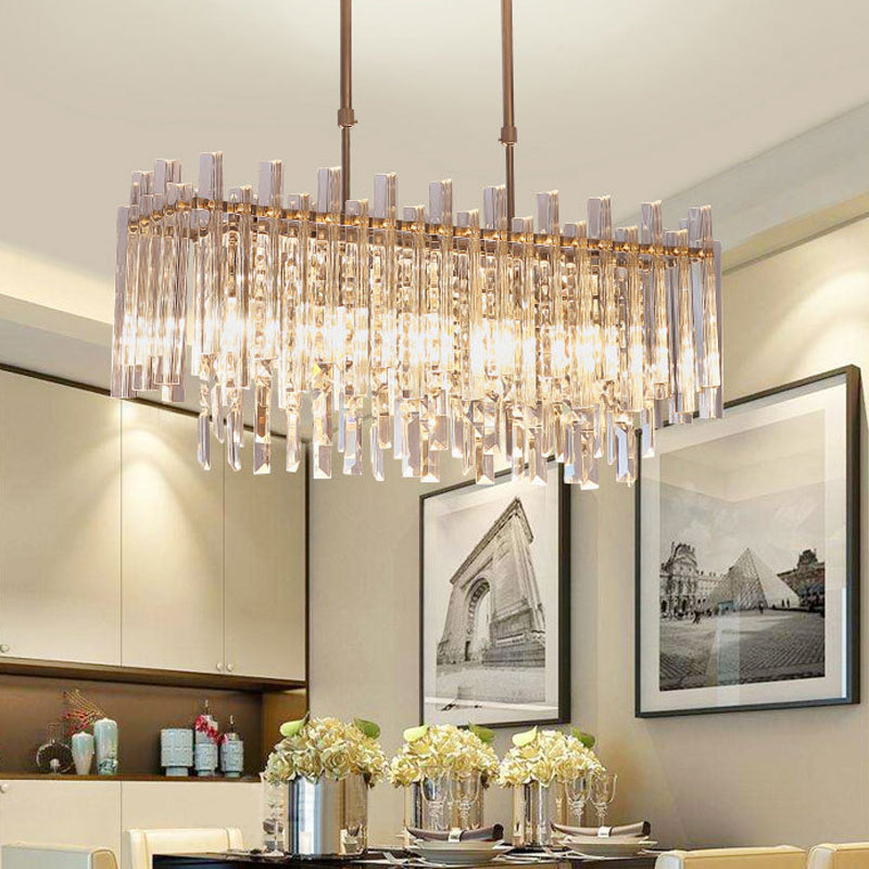 Modern Crystal Block 5-Light Chrome Chandelier - Rectangular Hanging Light Fixture For Dining Room