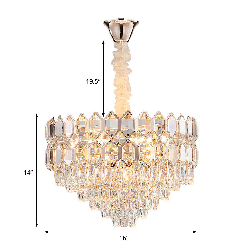 Lustre conique doré avec abat-jour en cristal - Luminaire suspendu moderne à 6 lumières