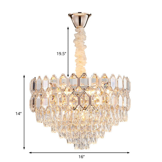 Lustre conique doré avec abat-jour en cristal - Luminaire suspendu moderne à 6 lumières