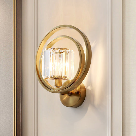 Postmodern Crystal Drum Wall Mount Sconce Light With Brass Orb Frame