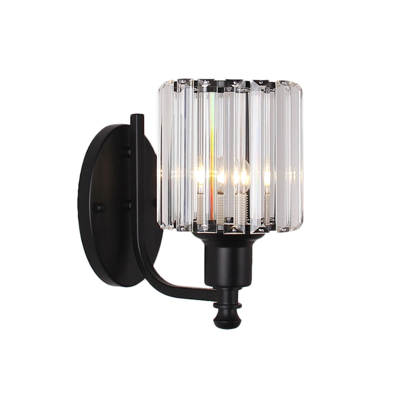 Cylinder Crystal Rectangle Wall Sconce - Contemporary Bedroom Light With Black/Gold Backplate