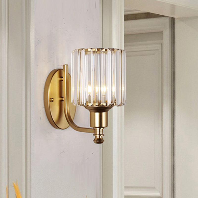 Cylinder Crystal Rectangle Wall Sconce - Contemporary Bedroom Light With Black/Gold Backplate Gold