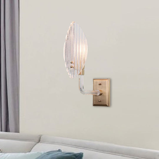 Contemporary Leaf Textured Glass Wall Sconce With Brass Backplate - 1/2 Lights For Living Room