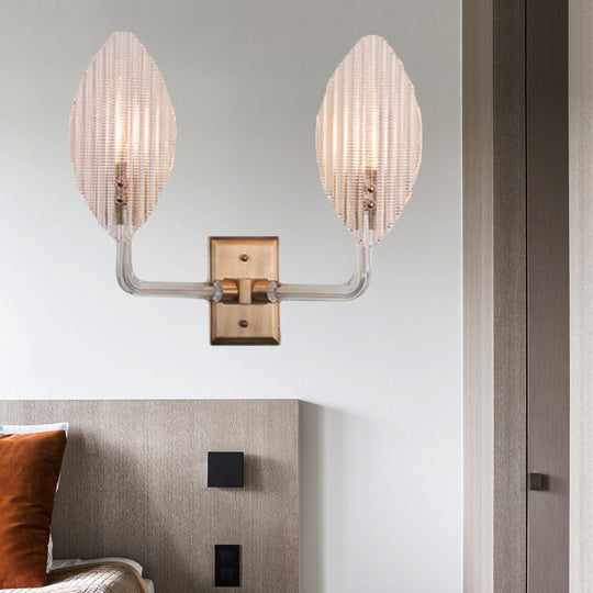 Contemporary Leaf Textured Glass Wall Sconce With Brass Backplate - 1/2 Lights For Living Room