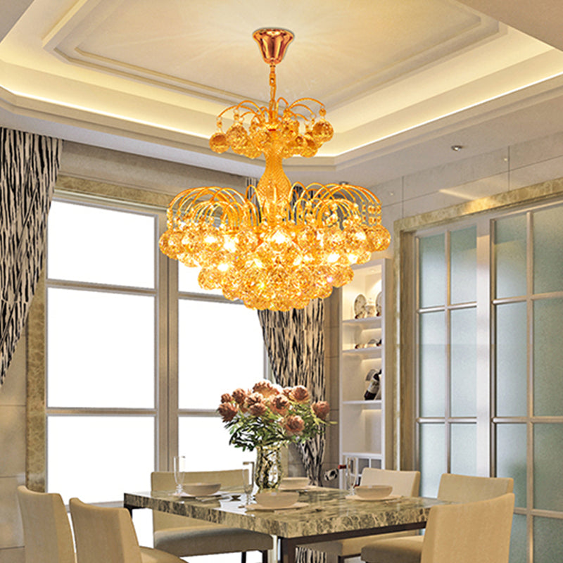 Modern 8-Light Hanging Cascade Chandelier - Chrome/Gold Finish With Crystal Ball Shades 16/19.5 Wide