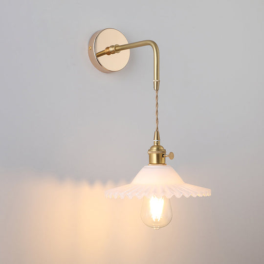 Vintage Single-Bulb Bedside Wall Mounted Lamp In Gold - Shaded Glass Light Fixture / H