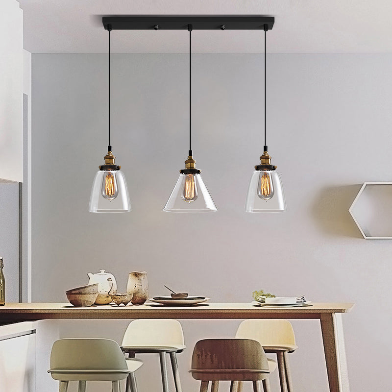 Industrial Clear Glass Multi Light Pendant - 3 Bulbs Dining Room Lighting