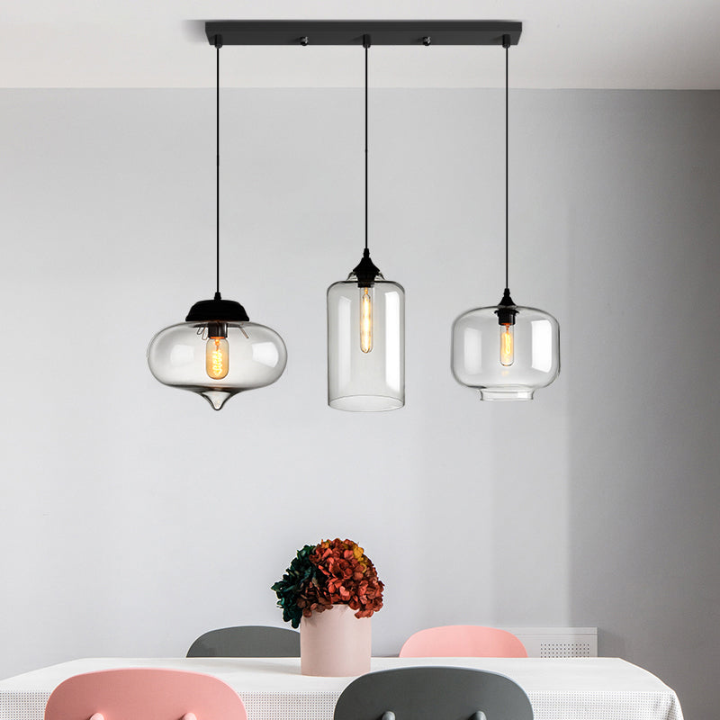 Clear Glass Industrial Shaded Multi-Light Pendant: 3-Bulb Hanging Lighting for Dining Room